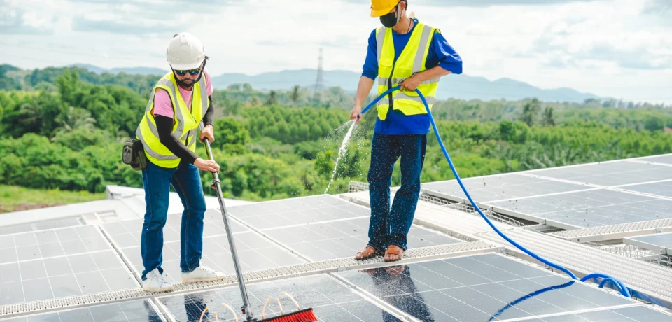 Two technicians wearing hard hats and safety vests cleaning rooftop solar panels with a water hose and a long brush.